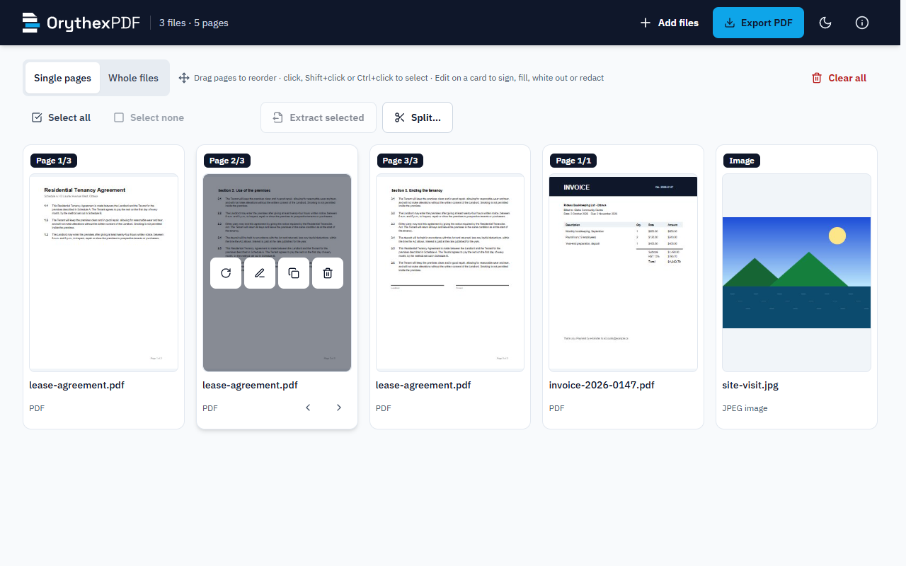 The OrythexPDF workspace in a browser: page thumbnails of a lease, an invoice and a photo, with Rotate, Edit, Duplicate and Remove actions on a page, and the Export PDF button in the header.